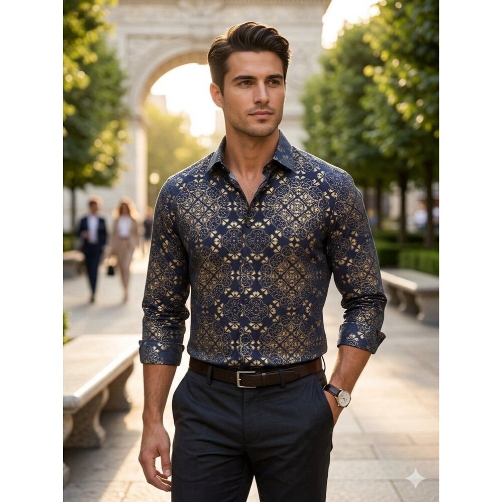 Vercini Men’s Blue And Gold Patterned Long Sleeve Shirt Size 2XL